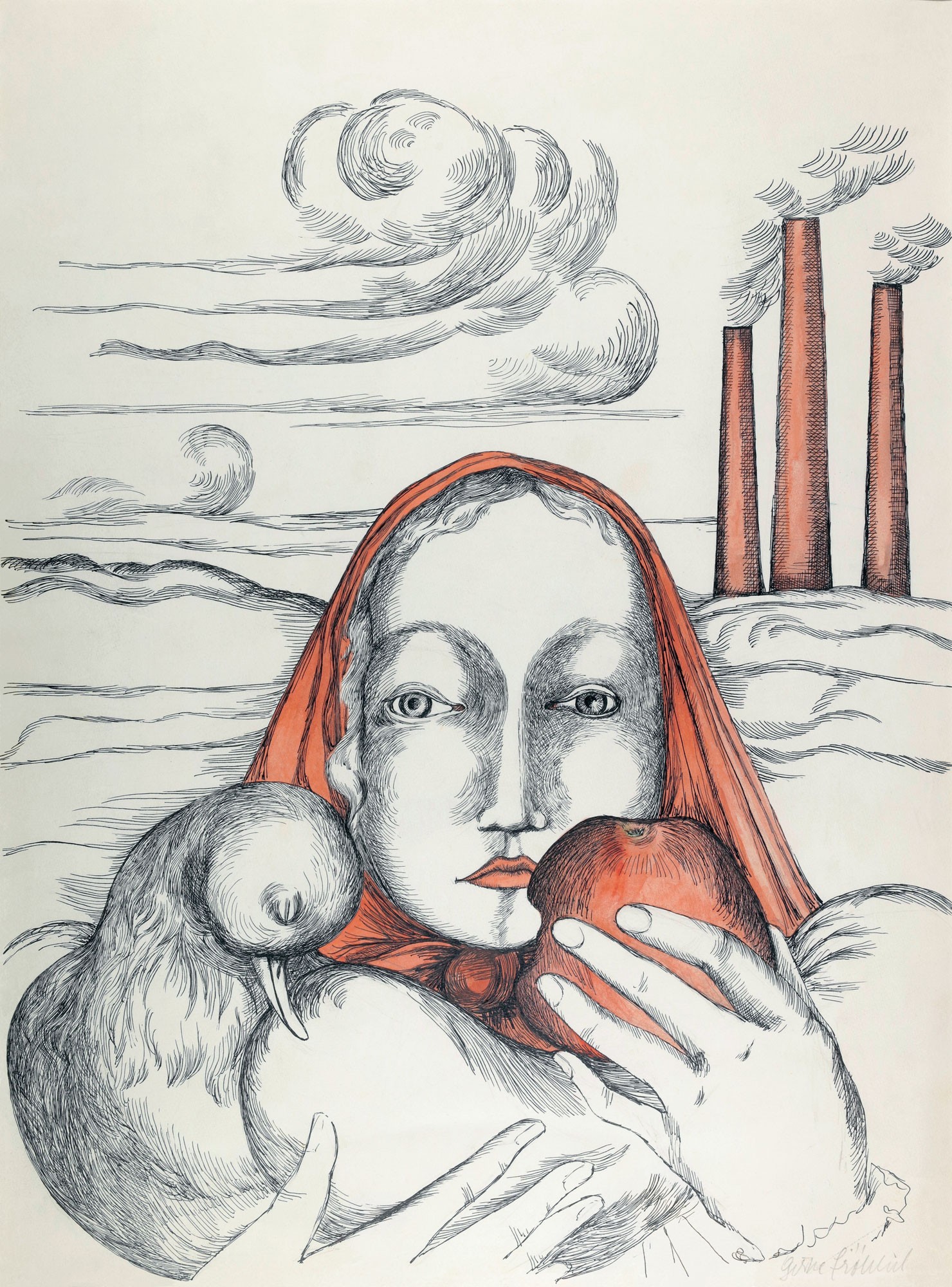 Drawing/Painting: Woman with apple and dove