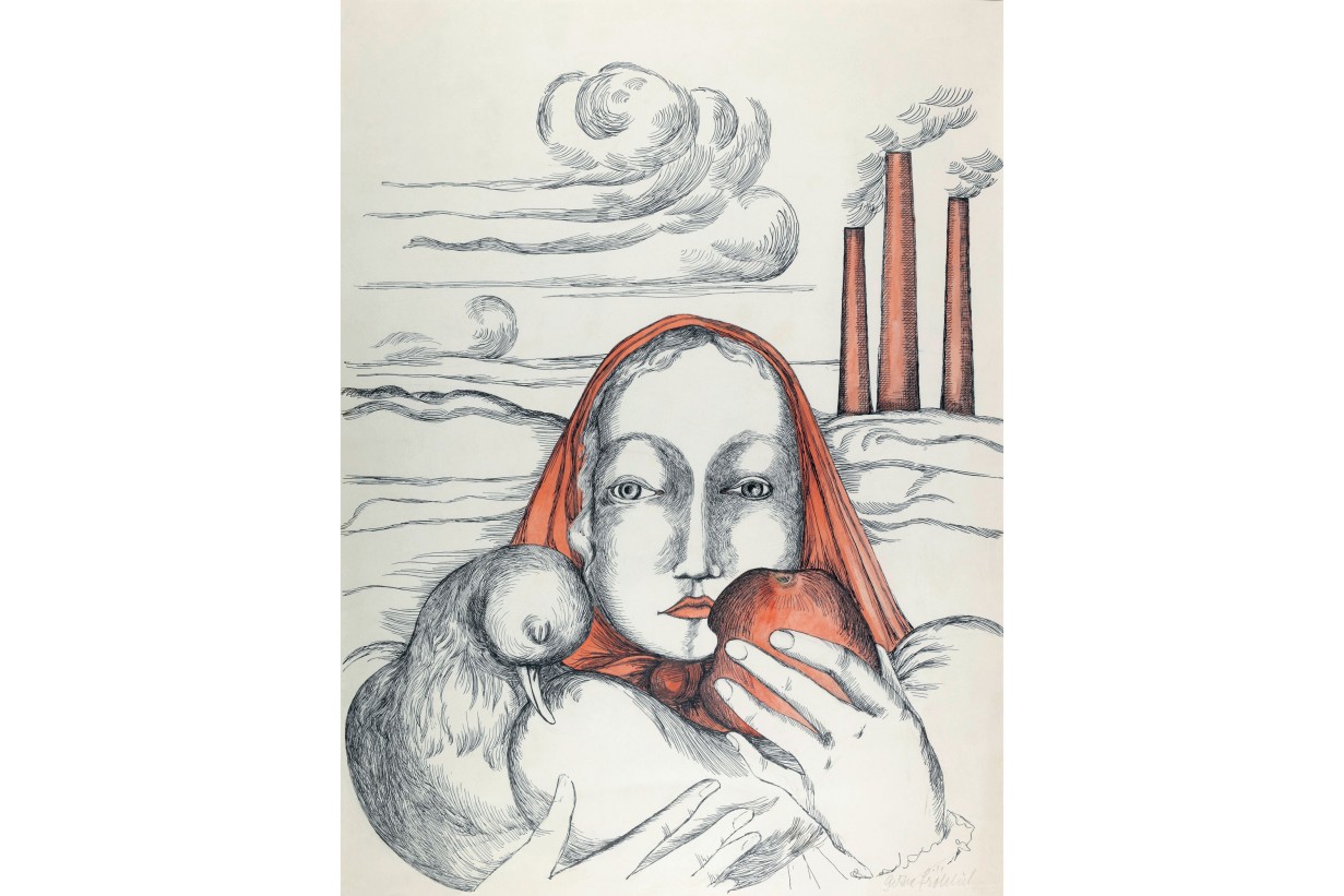 Zeichnung/Malerei: Frau mit Apfel und Taube
