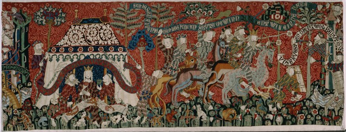 Tapisserie-Fragment mit Darstellung eines Gastmahls „wilder Leute“ und der Erstürmung einer Minneburg