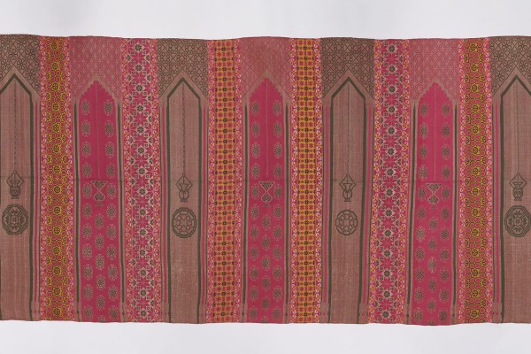Hanging, polychrome silk textile with prayer niches, hanging lamps, and geometric motifs