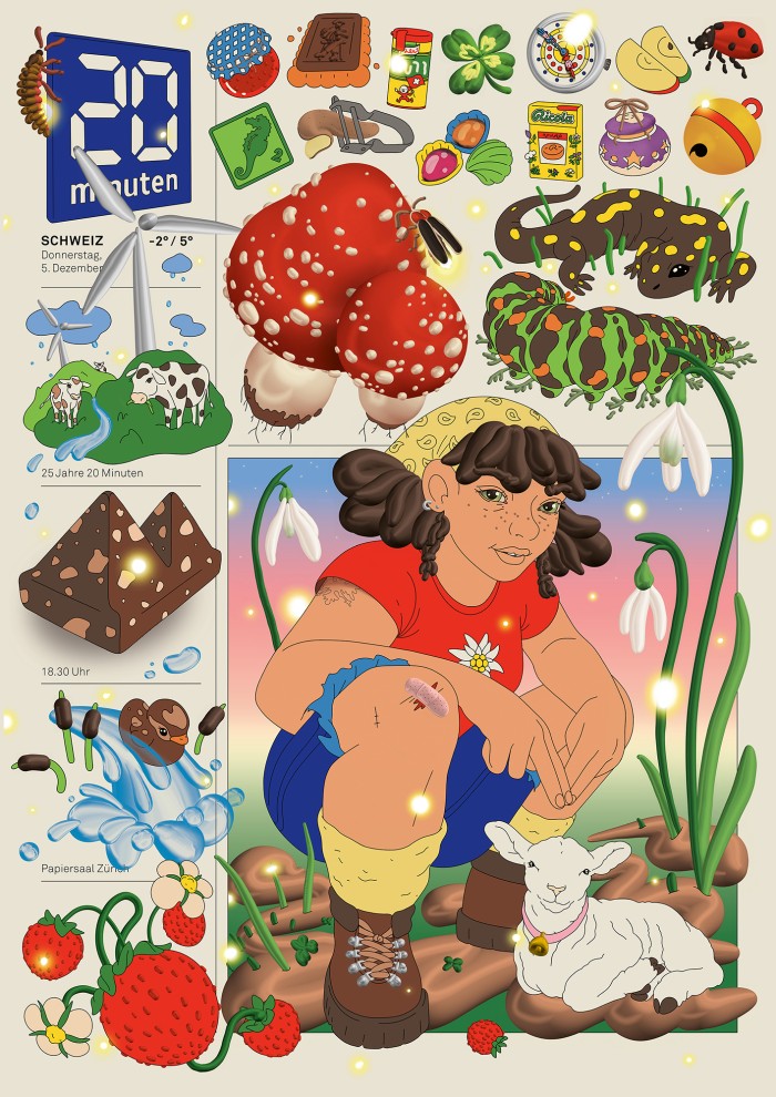 Poster mit grafischen Elemente, die Schweiz repräsentieren: Wanderin, Toblerone, Ricola, 20 Minuten