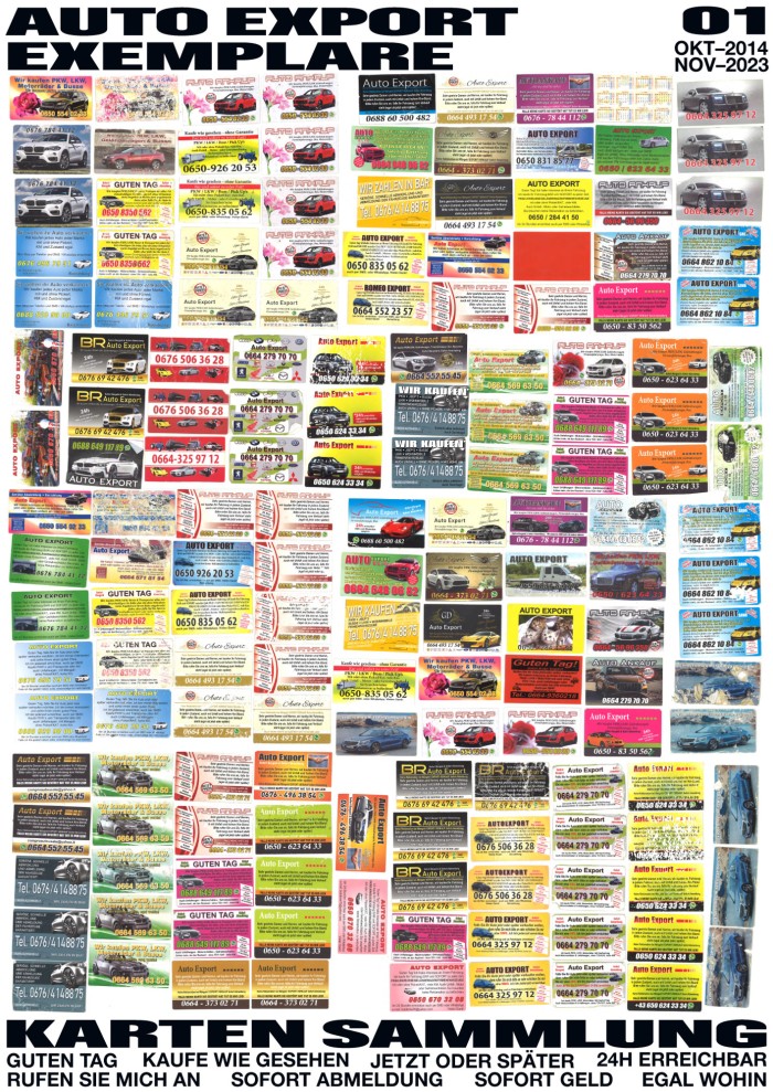 Plakat mit vielen Fotos von Visitenkarten für Auto Export