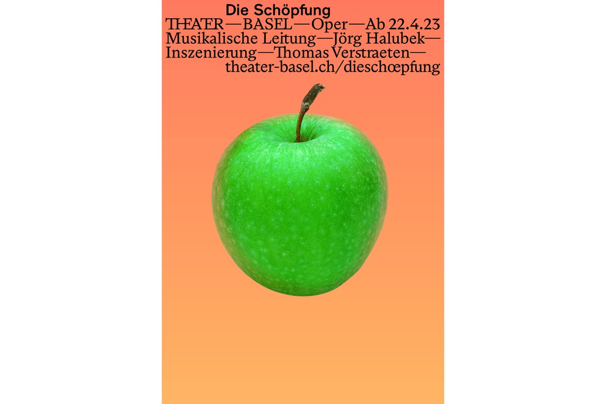 Poster showing a green apple on a pink background 