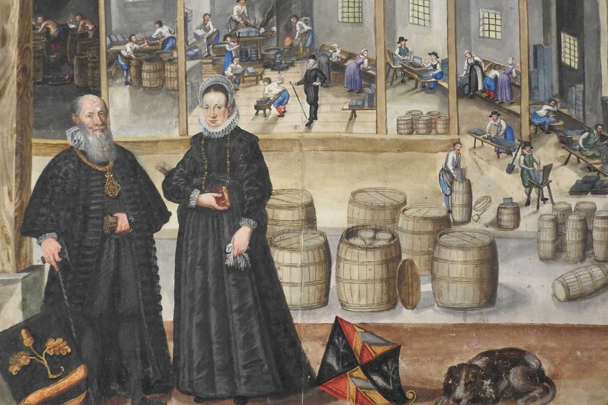 Georgius Moshamer, Graf Barthelmä Khevenhüller von Frankenburg mit seiner dritten Gemahlin Regina von Thannhausen im Jahre 1612. Im Hintergrund die Arbeitsräume seiner Weißblechfabrik in der Kreuzen