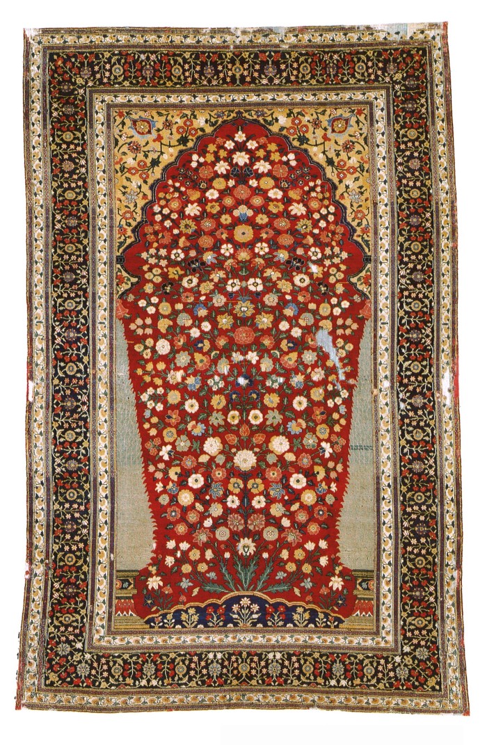 Millefleurs-Nischenteppich, Kette und Schuss aus Seide, asymmetrische Knoten aus Pashmina-Wolle