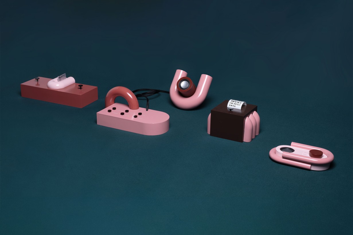 A group of pink and black objects arranged harmoniously