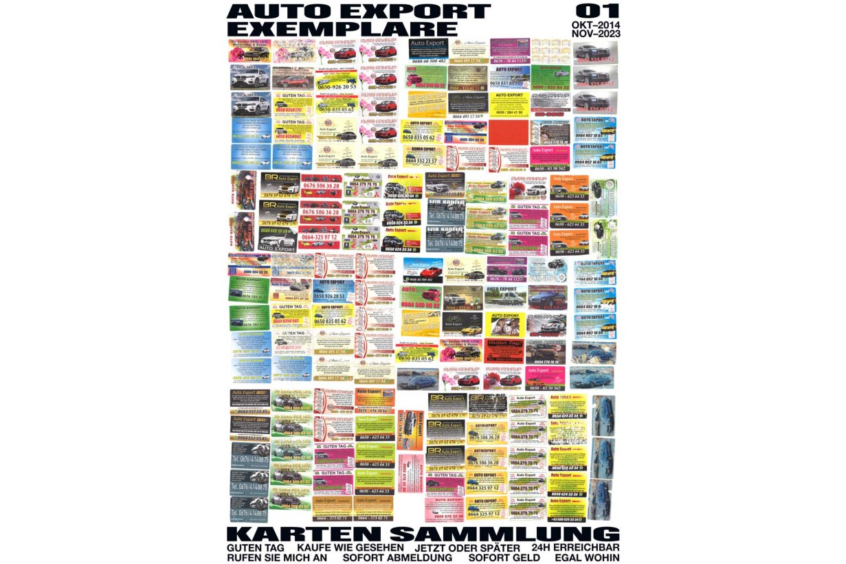 Poster with lots of photos of business cards for Auto Export