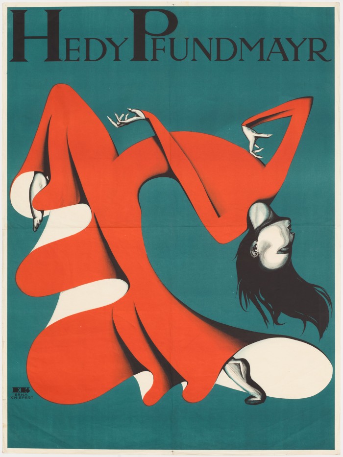 Grafische Darstellung expressionistischen Tanzes, Tänzerin in rotem Kleid, Text Hedy Pfundmayr