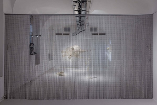 Exhibition space photographed frontally, separated by a gray curtain. Placed behind it, hanging and on the wall: 40,000-fold magnification of an amoeba