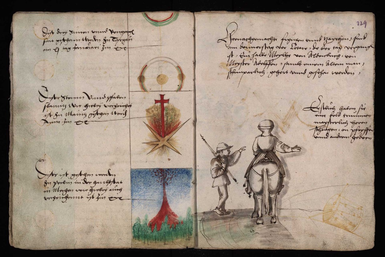 Aufgeschlagenes Buch mit kurzen Absätzen und Bebilderungen (Kreuz, Pferd, Wache)