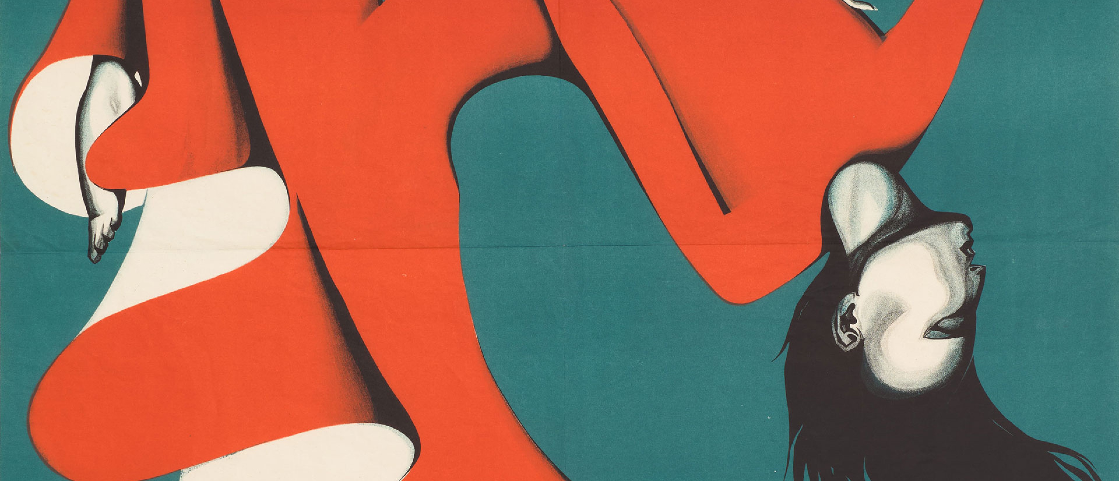 Grafische Darstellung expressionistischen Tanzes, Tänzerin in rotem Kleid, Text Hedy Pfundmayr