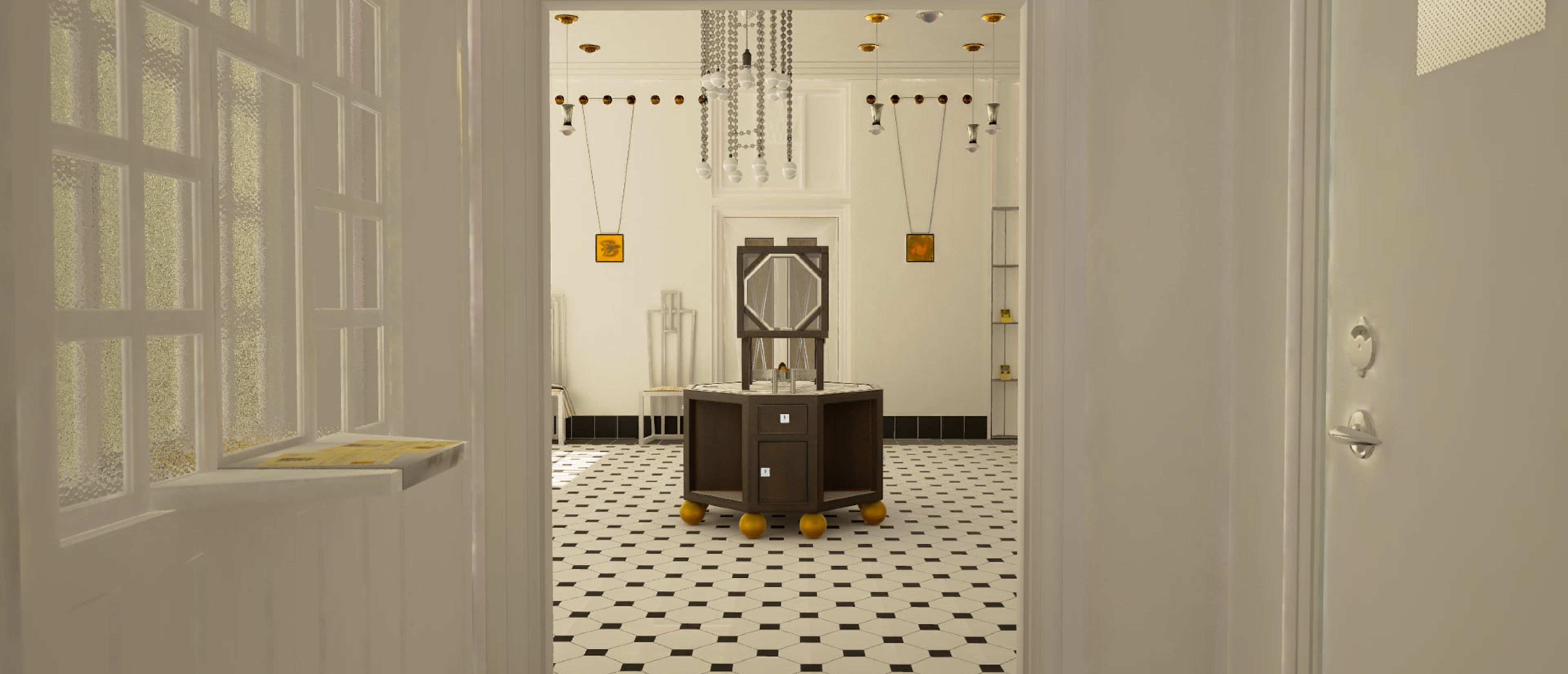 Virtual Reality Visualisierung des Verkaufsraumes der Wiener Werkstätte, weiße Flügeltüren, schwarz-weißer gefliester Boden. 