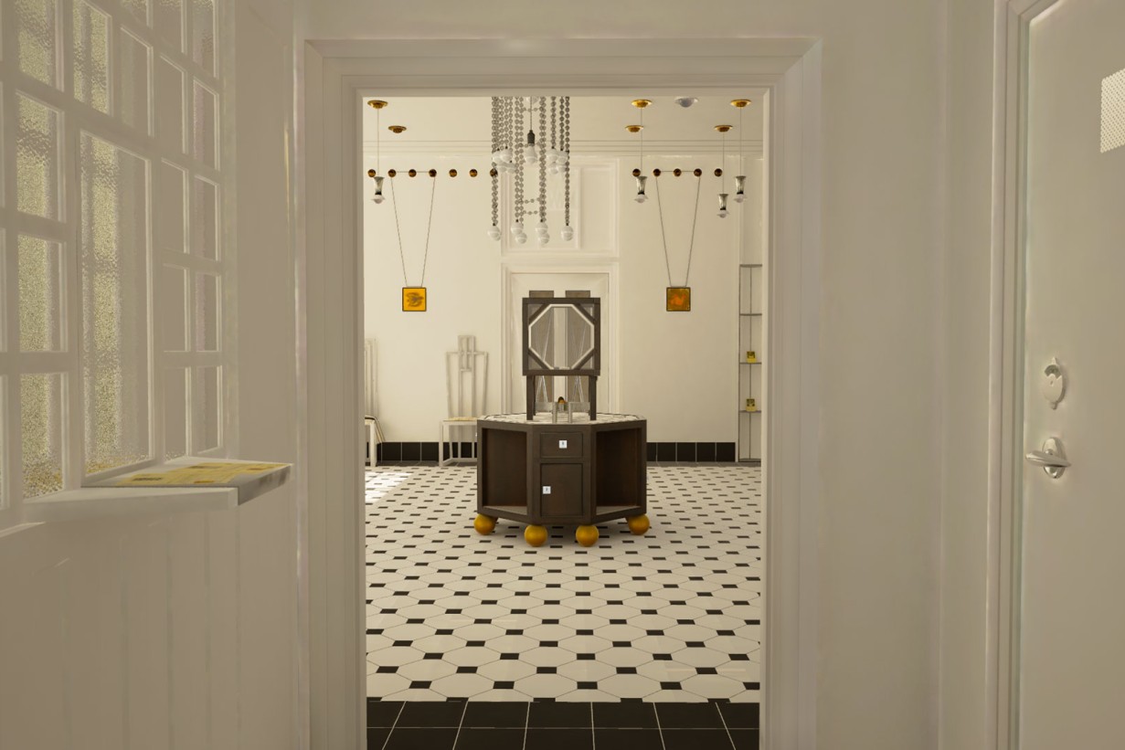 Virtual Reality Visualisierung des Verkaufsraumes der Wiener Werkstätte, weiße Flügeltüren, schwarz-weißer gefliester Boden. 