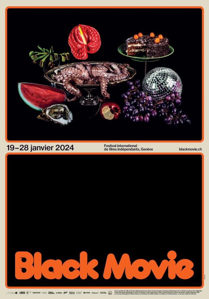 Zweigeteiltest Poster: oben Stillleben als Foto, unten Schriftzug "Black Movie"