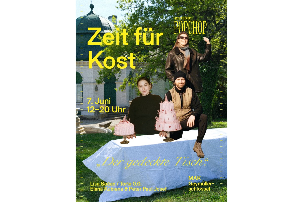 Teilnehmer*innen an Zeit für Kost sitzen/stehen auf Tisch im Geymüllerschlössel