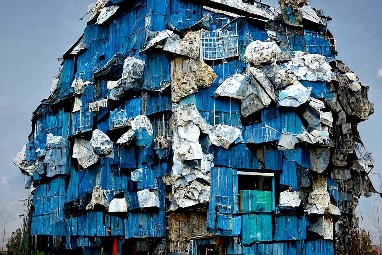 Ein Haus aus blauen Müllsäcken übereinander gestapelt, das Bild wurde von einer KI erzeugt 