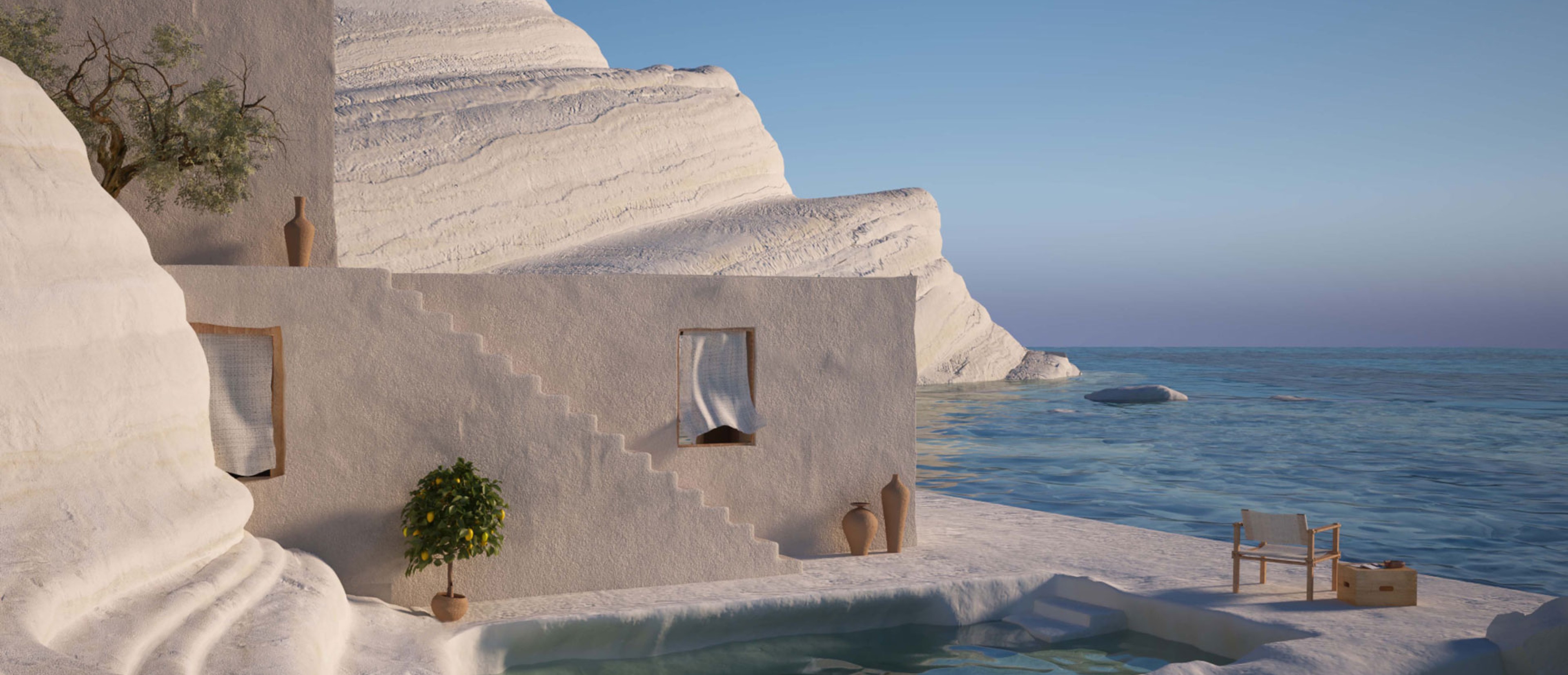 Ein weißes Haus mit geschwungenen Formen, am Meer oder an einem See 