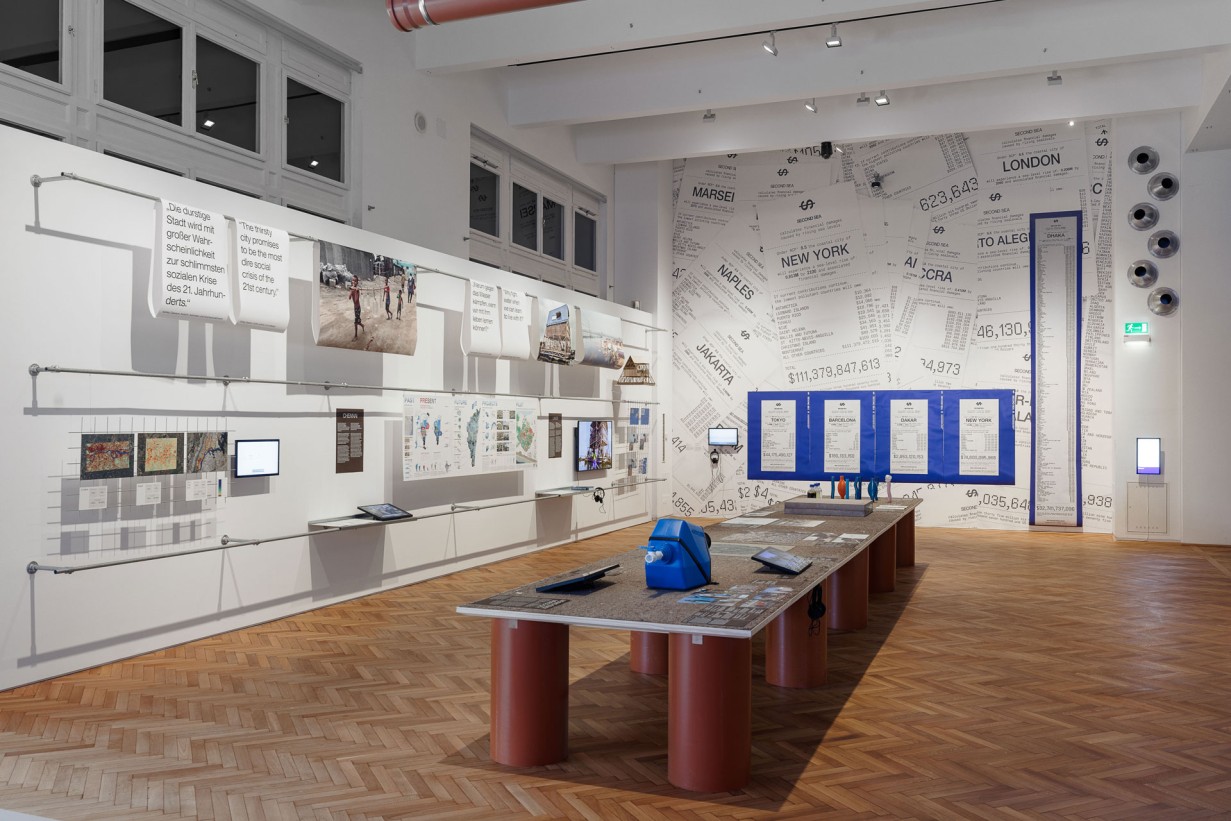 Exhibition hall with platform and objects