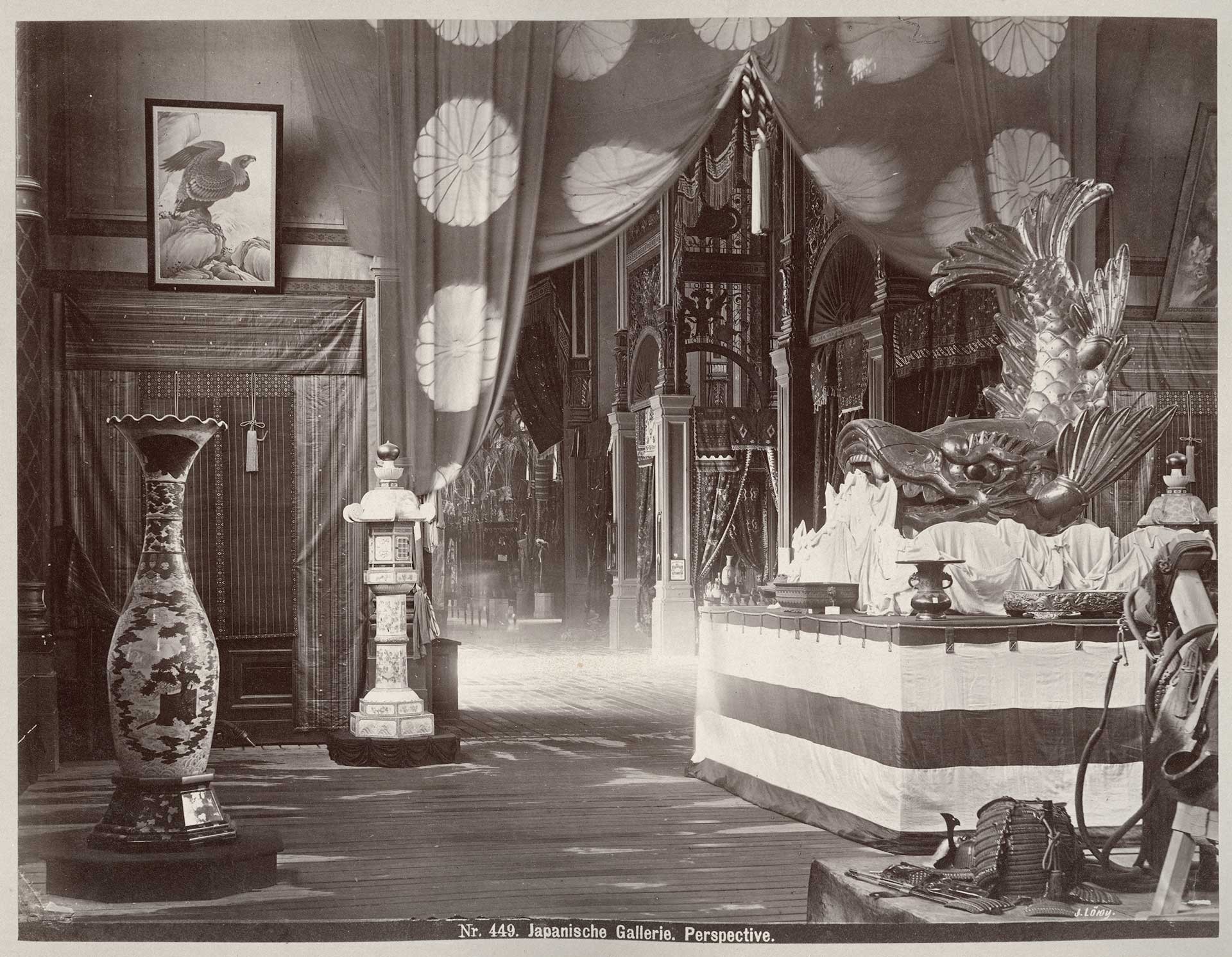 Black and white photo of a room with Japanese objects