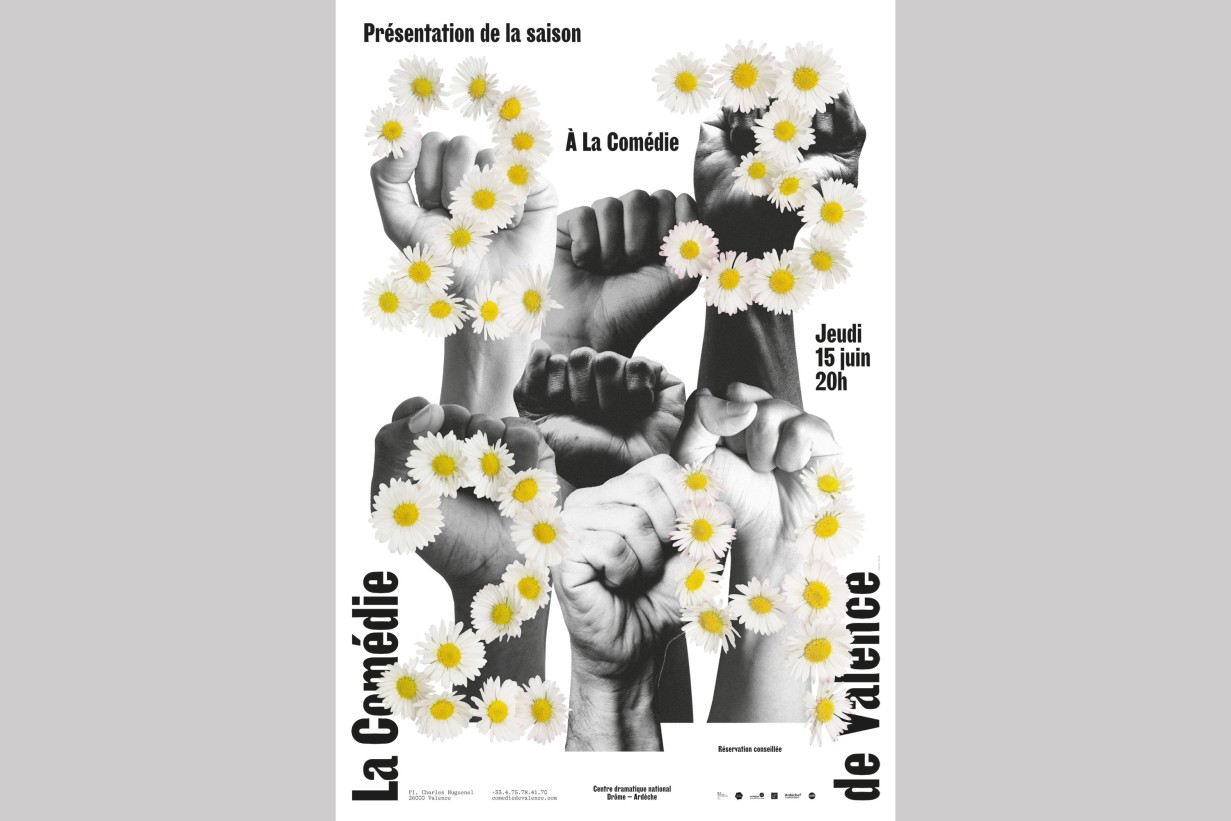 Plakat mit Fäusten und weißen Blumen 