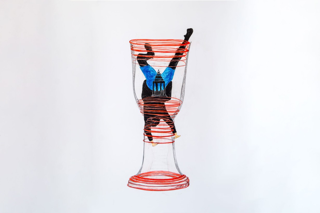 Eine Zeichnung einer Person, die in einem Glasbecher sitzt