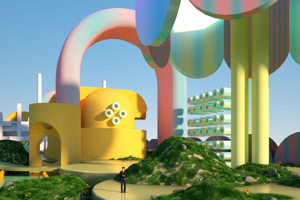 Fantasy city made of colorful blocks, rendering. 