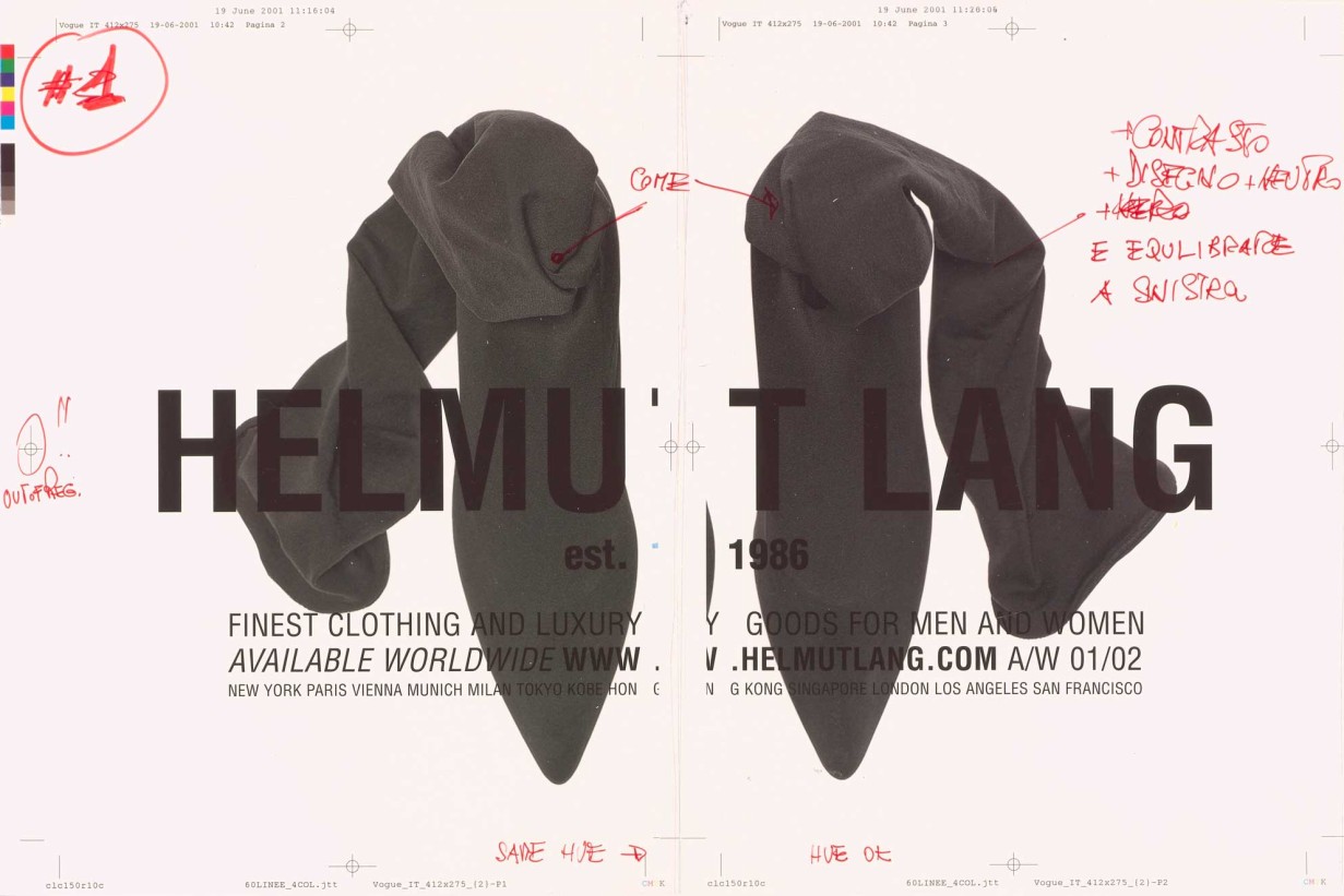test print of an advertisement with handwritten notes for Vogue Italia, Helmut Lang Collection Hommes Femmes Séance de Travail # Hiver 01/02 