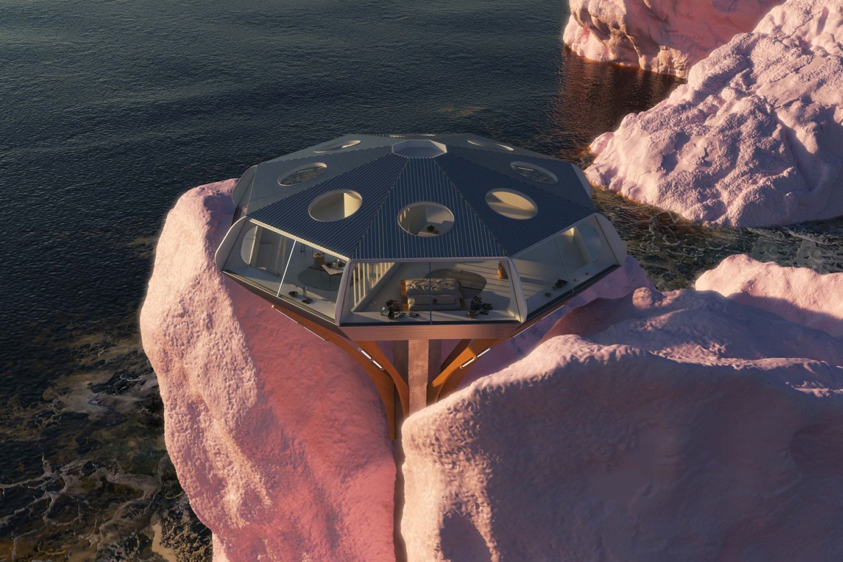 Octagonal building, aut of a pink cliff by the sea