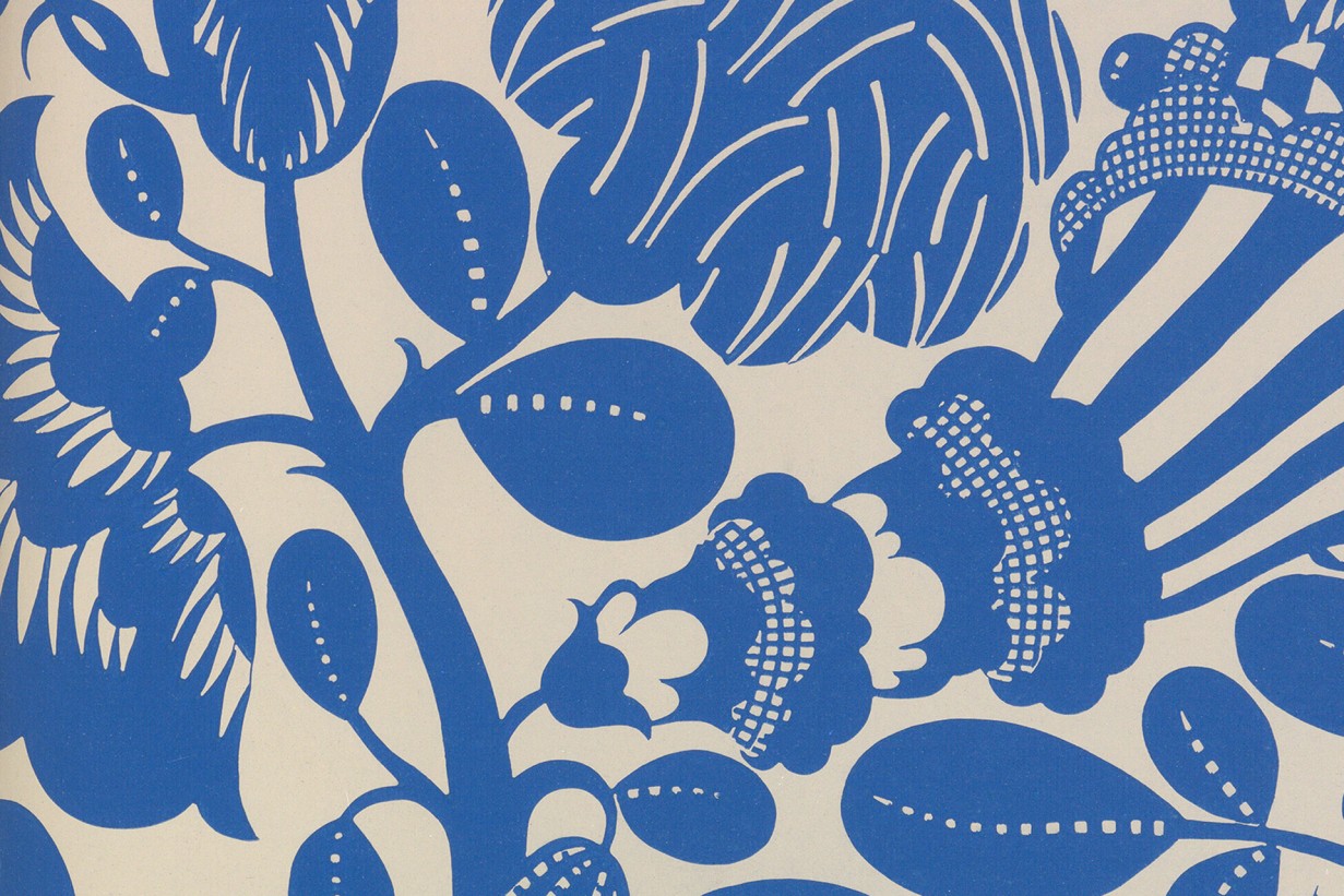 Grafische Darstellung von Blumen und Blättern in blau